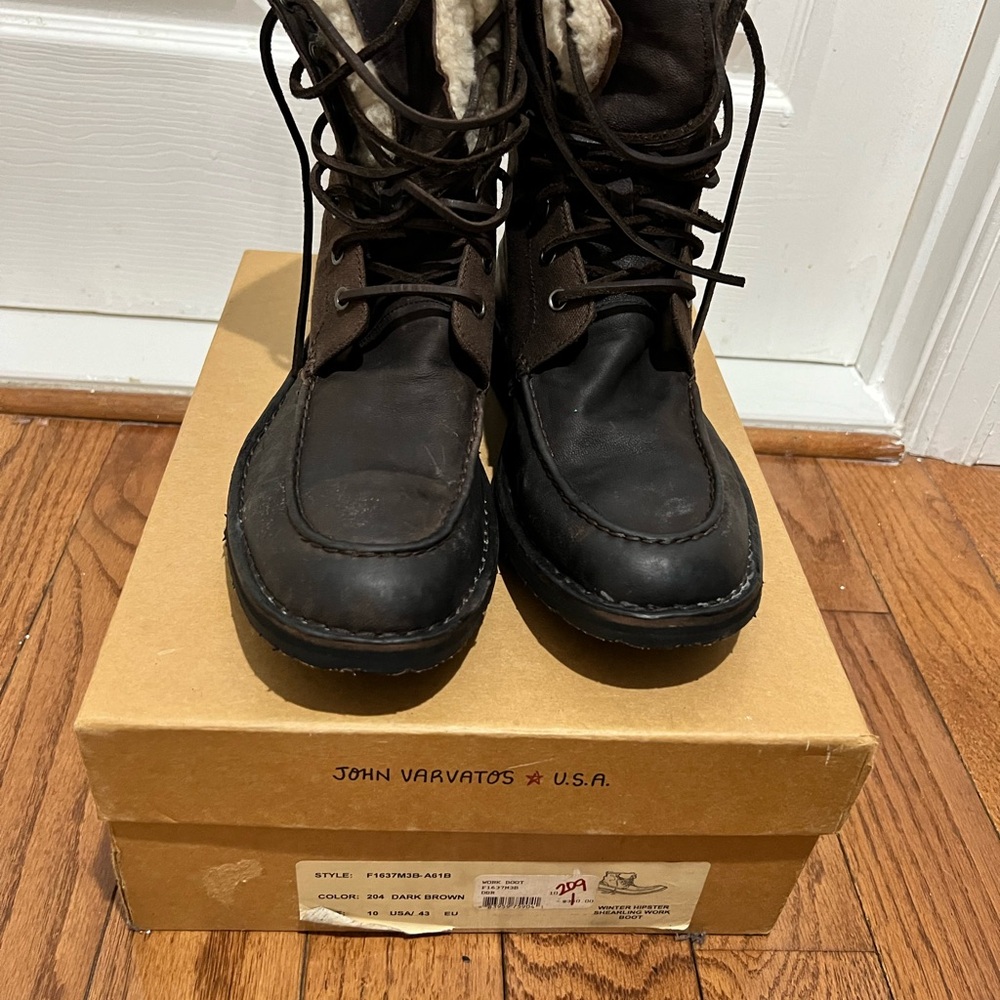 John Varvatos Dark Brown Shearling Work Boots